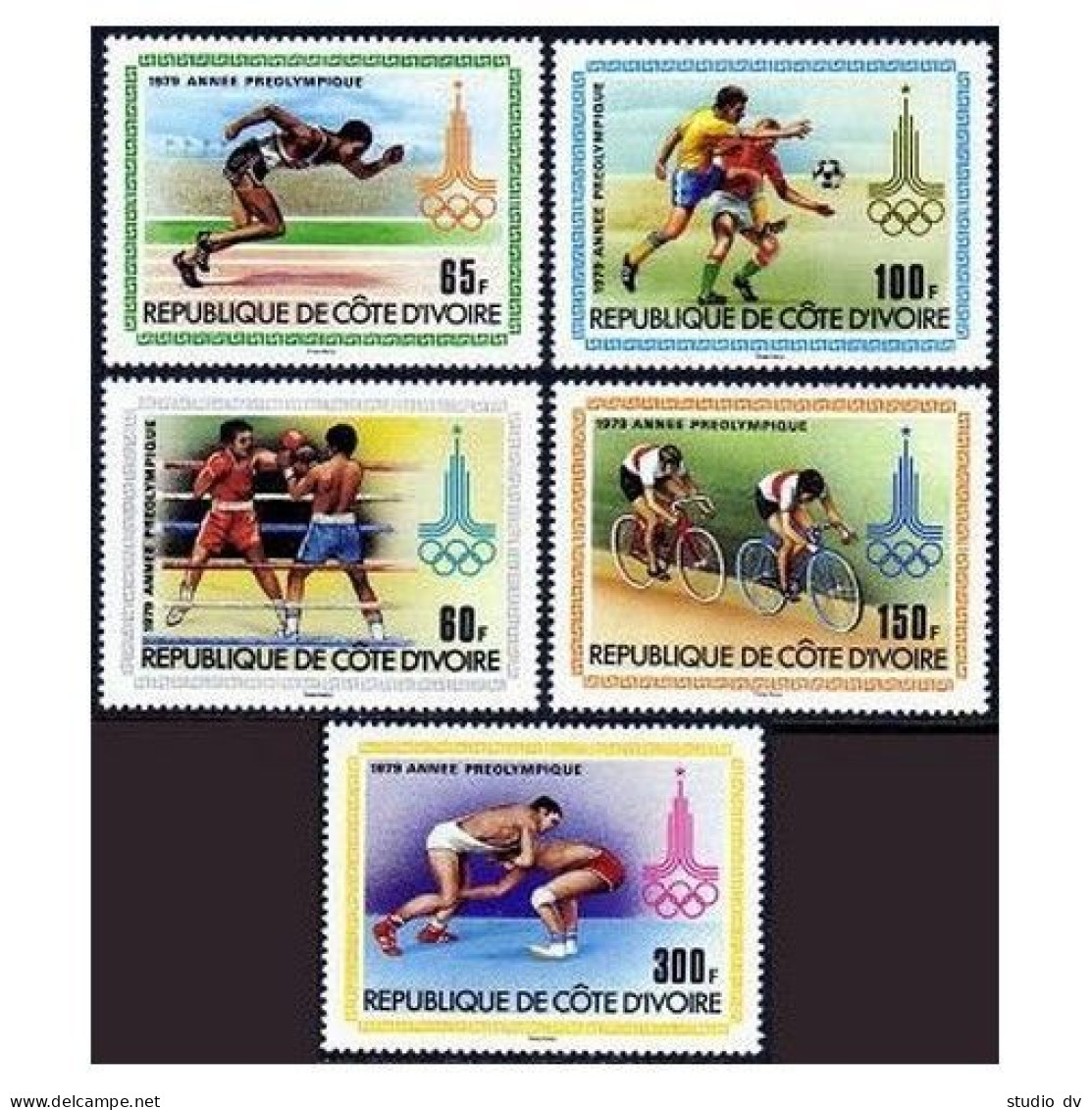 Ivory Coast 522-526,527, MNH. Olympics Moscow-80.Boxing,Running,Soccer,Bicycling - Ivory Coast (1960-...)