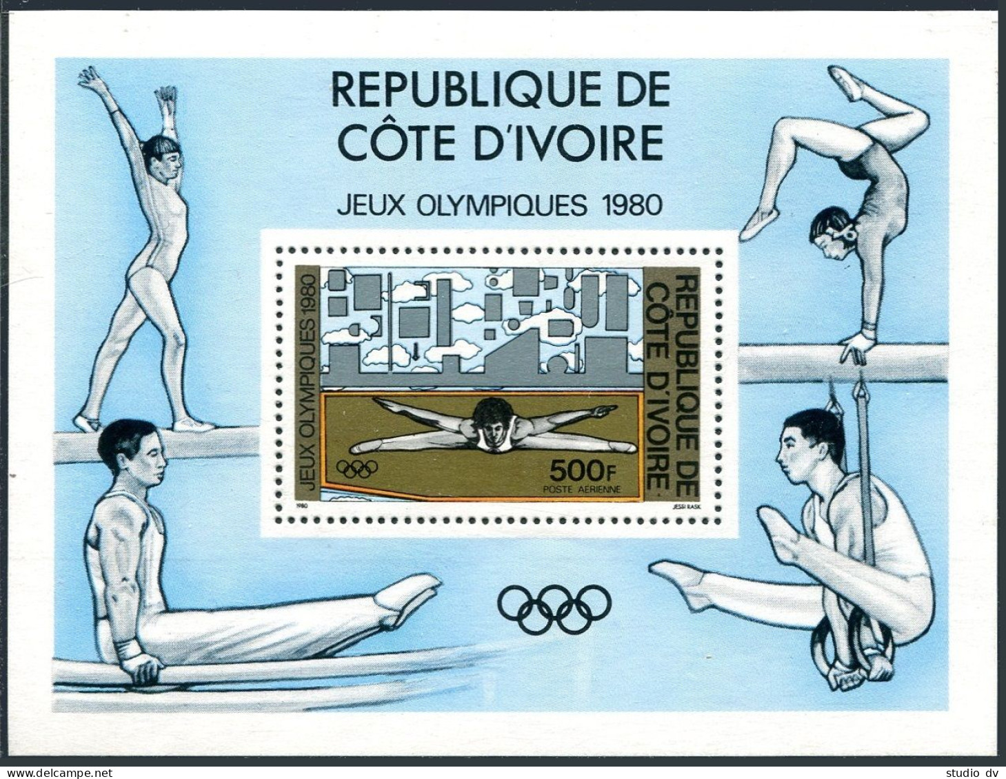 Ivory Coast C66-C70, MNH. Mi 614-618, Bl.15. Olympics Moscow-1980. Gymnastics. - Ivory Coast (1960-...)