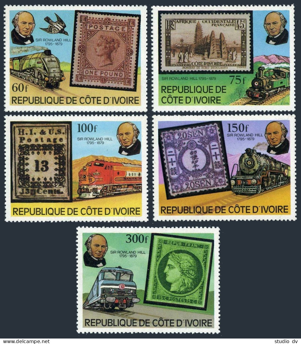 Ivory Coast 514-518,519, MNH. Mi 606-610,Bl.14. Rowland Hill, 1979. Locomotives. - Ivory Coast (1960-...)