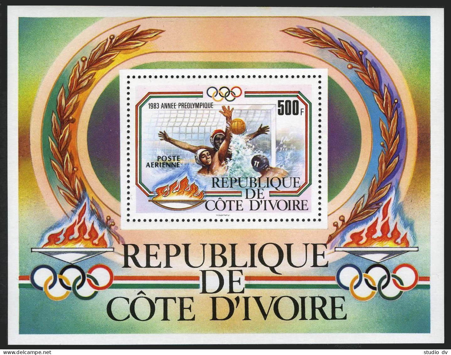 Ivory Coast C80, MNH. Michel 791 Bl.25. Olympics Los Angeles-1984. Water Polo. - Ivory Coast (1960-...)