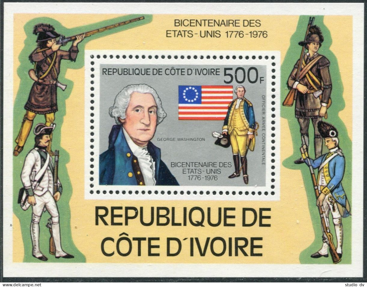 Ivory Coast 426, MNH. Michel 502 Bl.6. USA-200, 1976. George Washington, Flag. - Costa D'Avorio (1960-...)