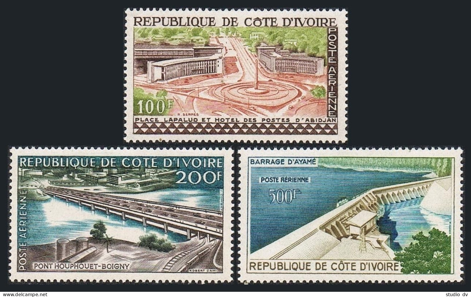 Ivory Coast C14-C16, MNH. Mi 207-209. Air 1959. Lapalud Place, Bridge,Ayame Dam. - Ivory Coast (1960-...)