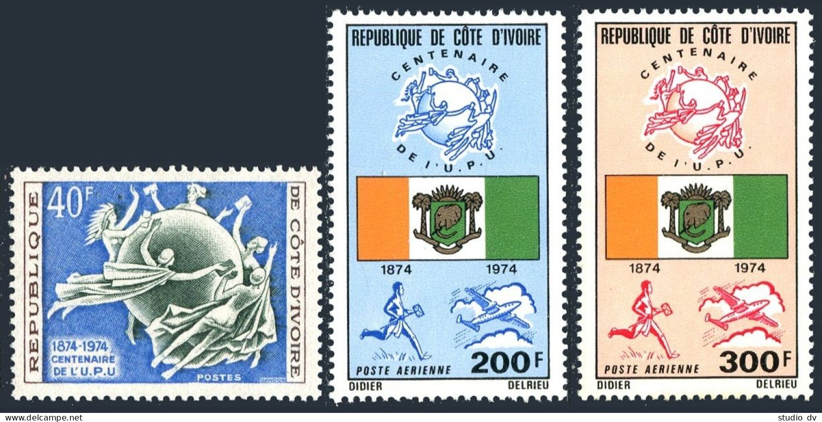 Ivory Coast 385, C59-C60, MNH. Michel 458-460. UPU-100, 1974. Flag, Runner, Jet. - Costa D'Avorio (1960-...)