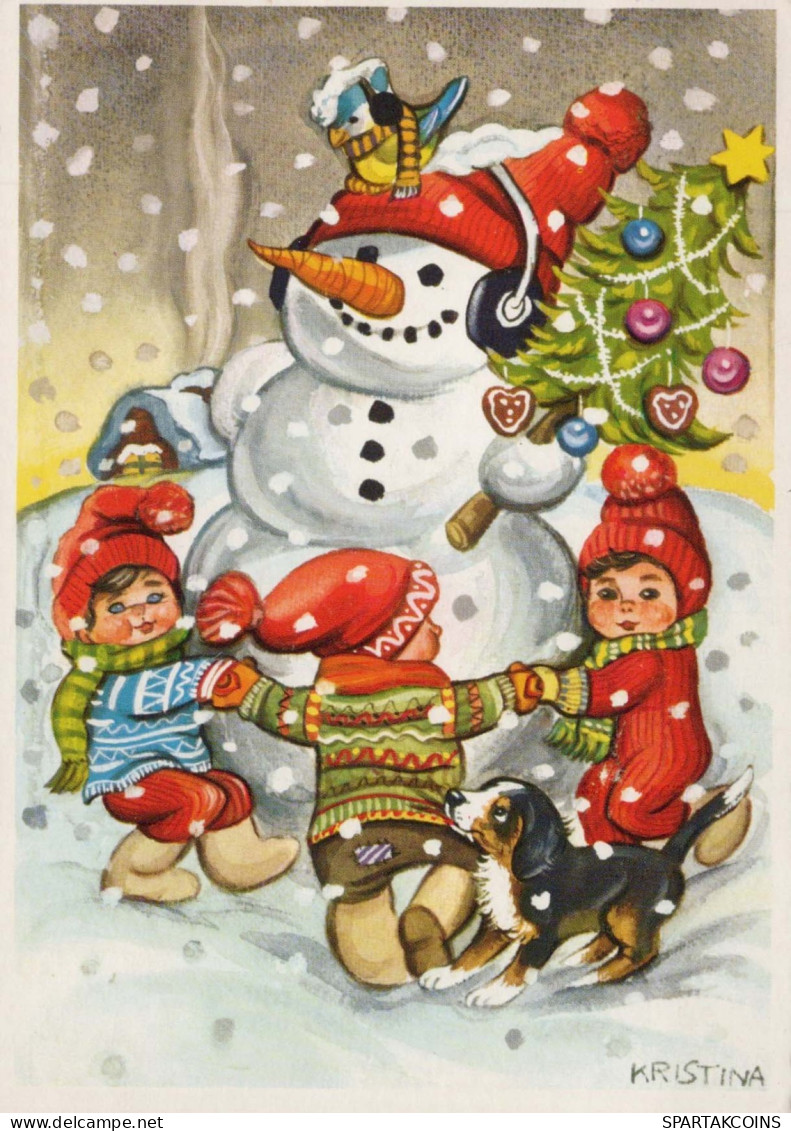 Happy New Year Christmas CHILDREN SNOWMAN Vintage Postcard CPSM #PAY661.GB - New Year