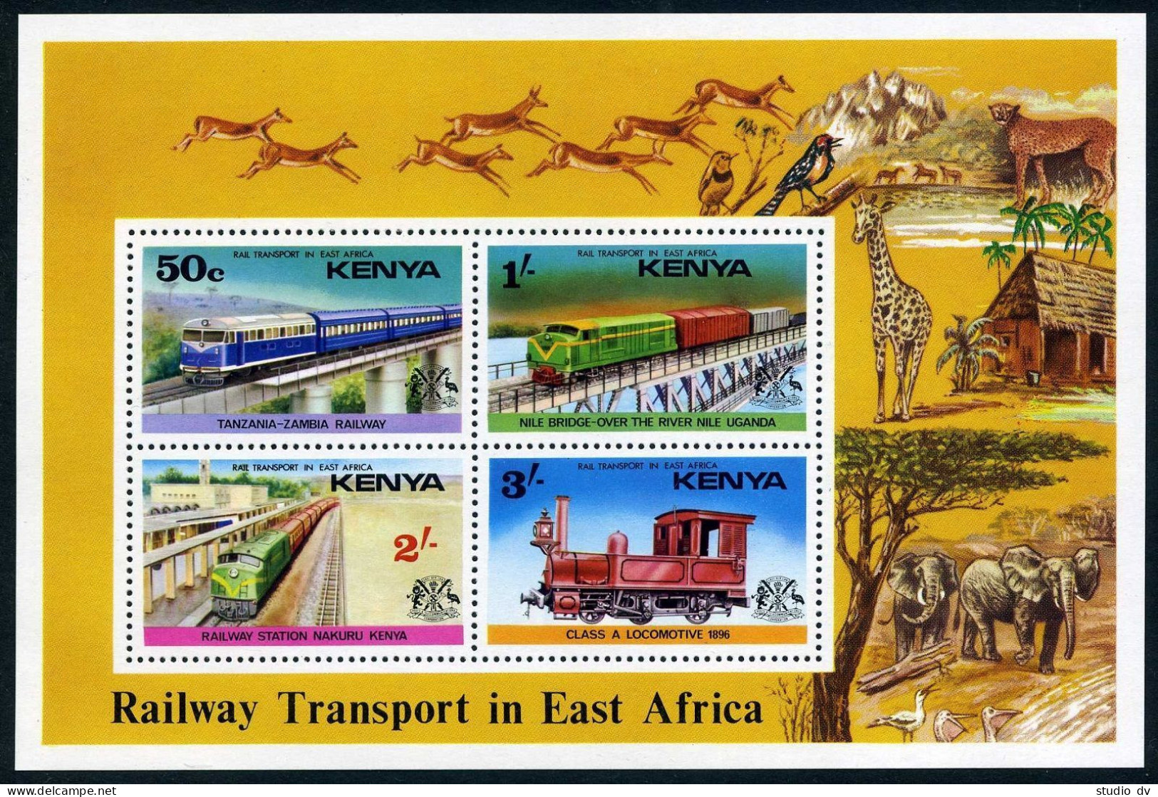 Kenya 67a Sheet, MNH. Mi Bl.3. Railway Transport, 1976. Elephants, Giraffe, Bird - Kenya (1963-...)