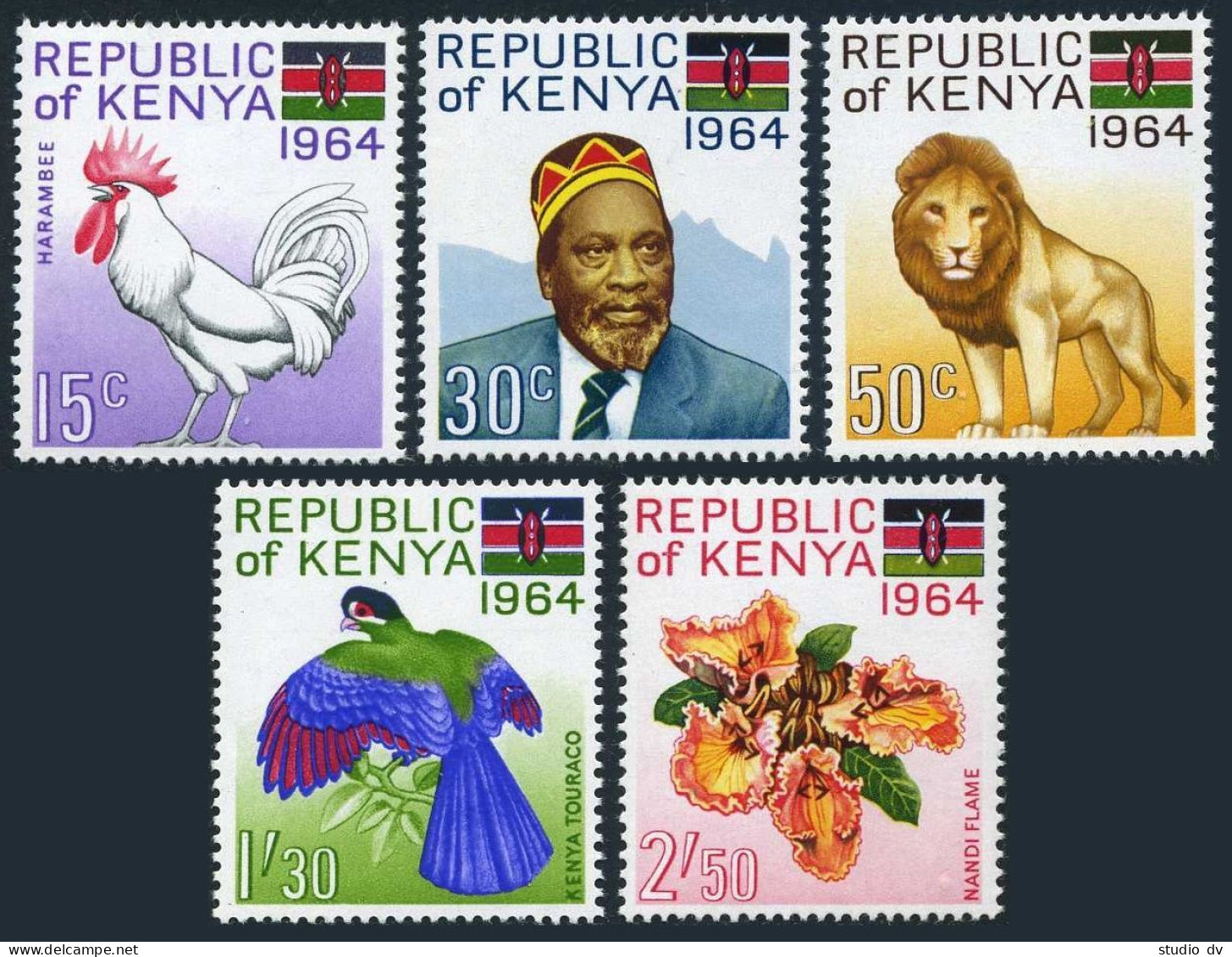 Kenya 15-19,MNH.Michel 15-19. Cockerel,President J.Kenyatta,Lion,Touraco,Flower. - Kenia (1963-...)