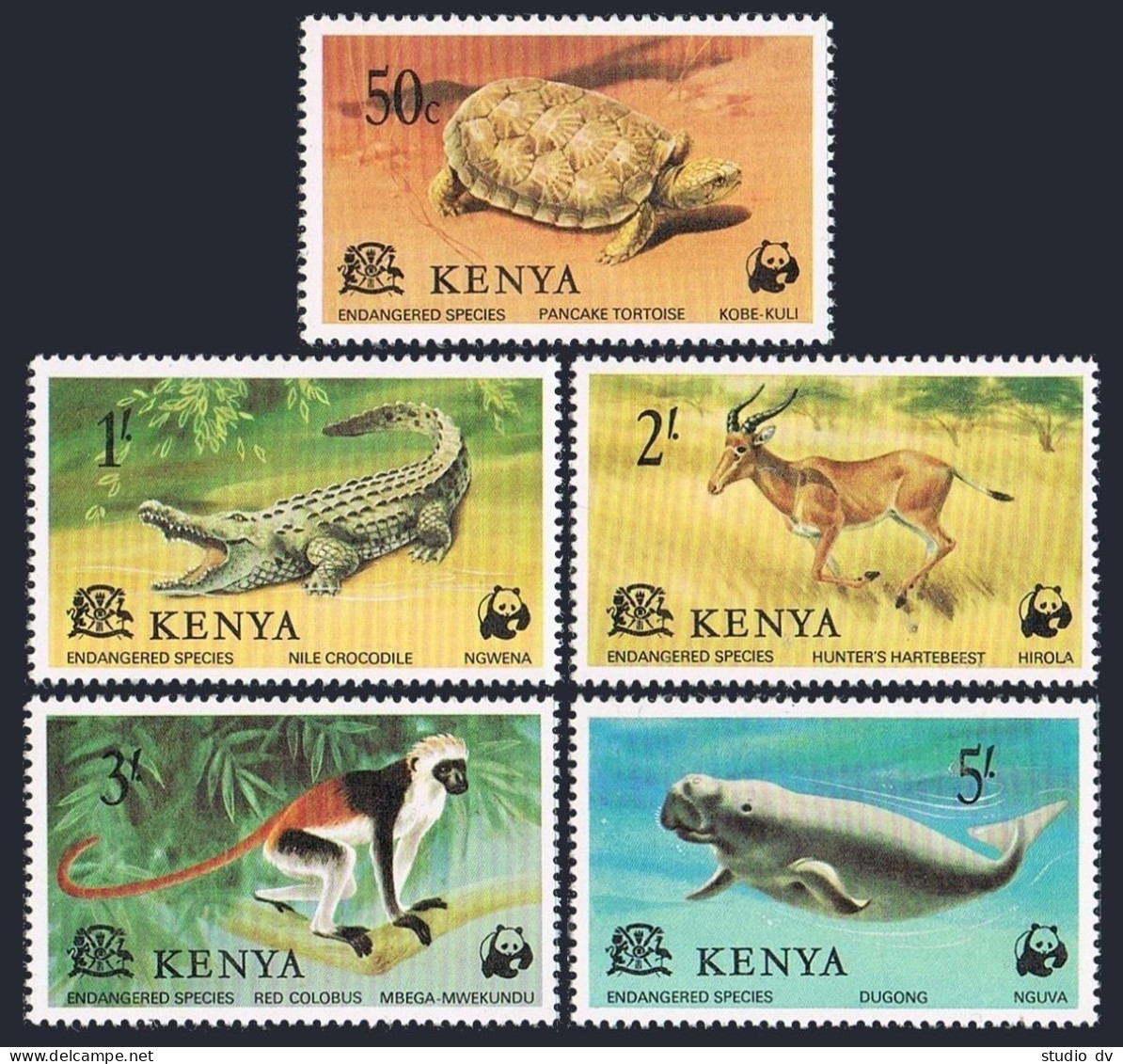 Kenya 89-93a,MNH.Michel 87-91,Bl.10. WWF 1977.Tortoise,Crocodile,Monkey,Dugong, - Kenya (1963-...)