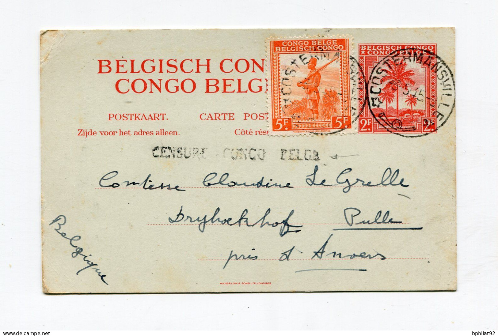 !!! CONGO BELGE, ENTIER POSTAL DE COSTERMANSVILLE DE 1945 POUR LA BELGIQUE AVEC CENSURE - Lettres & Documents