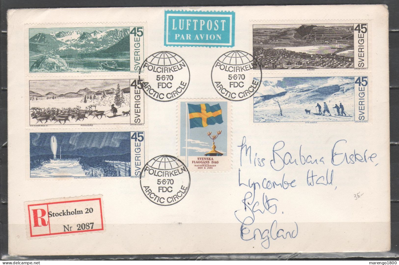 Sweden 1970 - Arctic Circle (Polcirkeln) Cancel FDC On Registered Letter To England       (g9687) - Covers & Documents