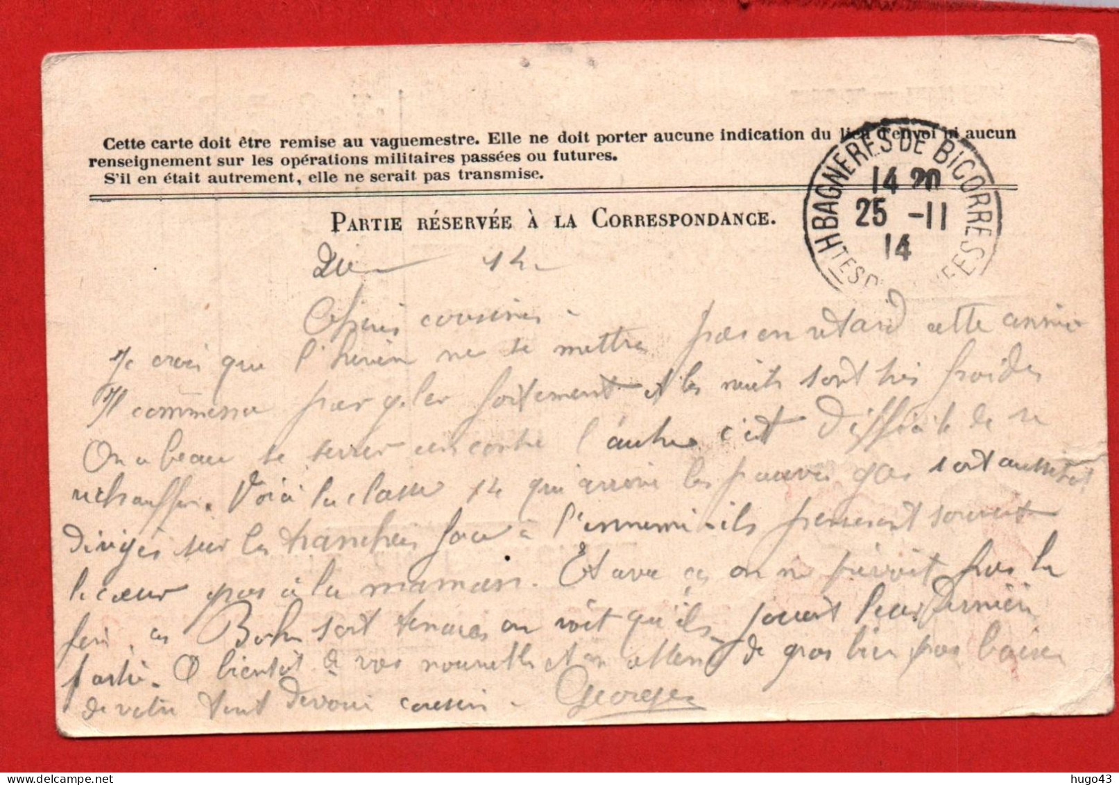(RECTO / VERSO) CARTE - CORRESPONDANCE DES ARMEES DE LA REPUBLIQUE LE 29/11/1914 - COULEUR - Covers & Documents