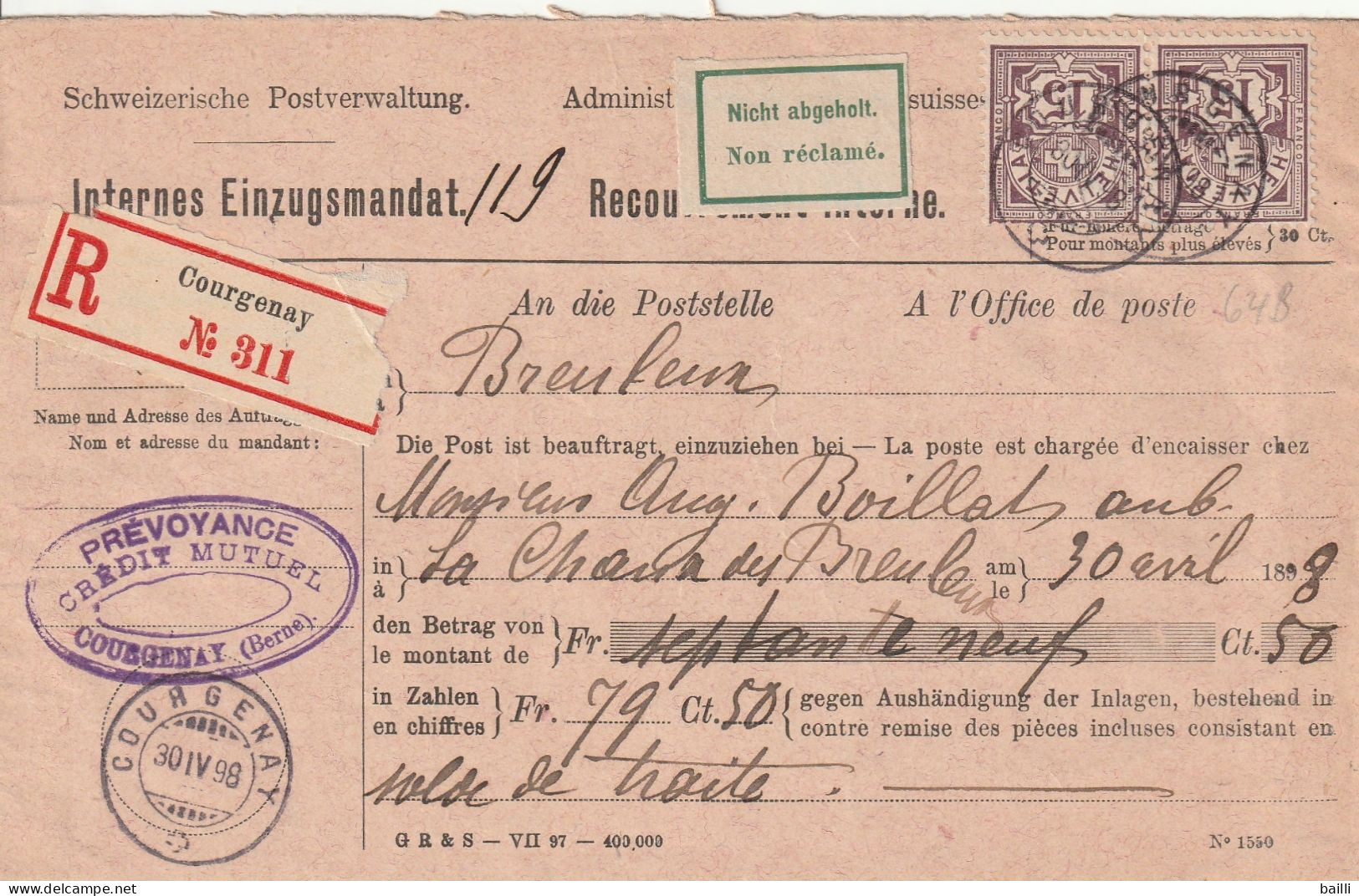 Suisse Lettre Recouvrement Recommandée Courgenay 1898 - Marcophilie