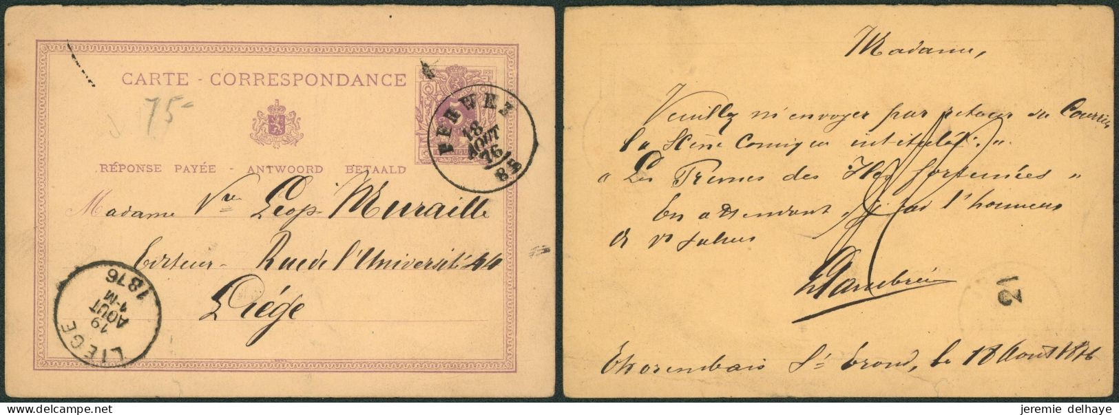 EP Au Type 5ctm Mauve Obl Double Cercle "Perwez" (1876) > Liège - Cartoline 1871-1909