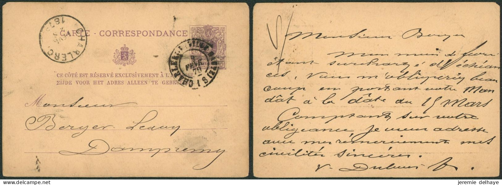 EP Au Type 5ctm Mauve Obl Double Cercle "Charleroi (ville Haute)" (1879) > Dampremy - Cartes Postales 1871-1909