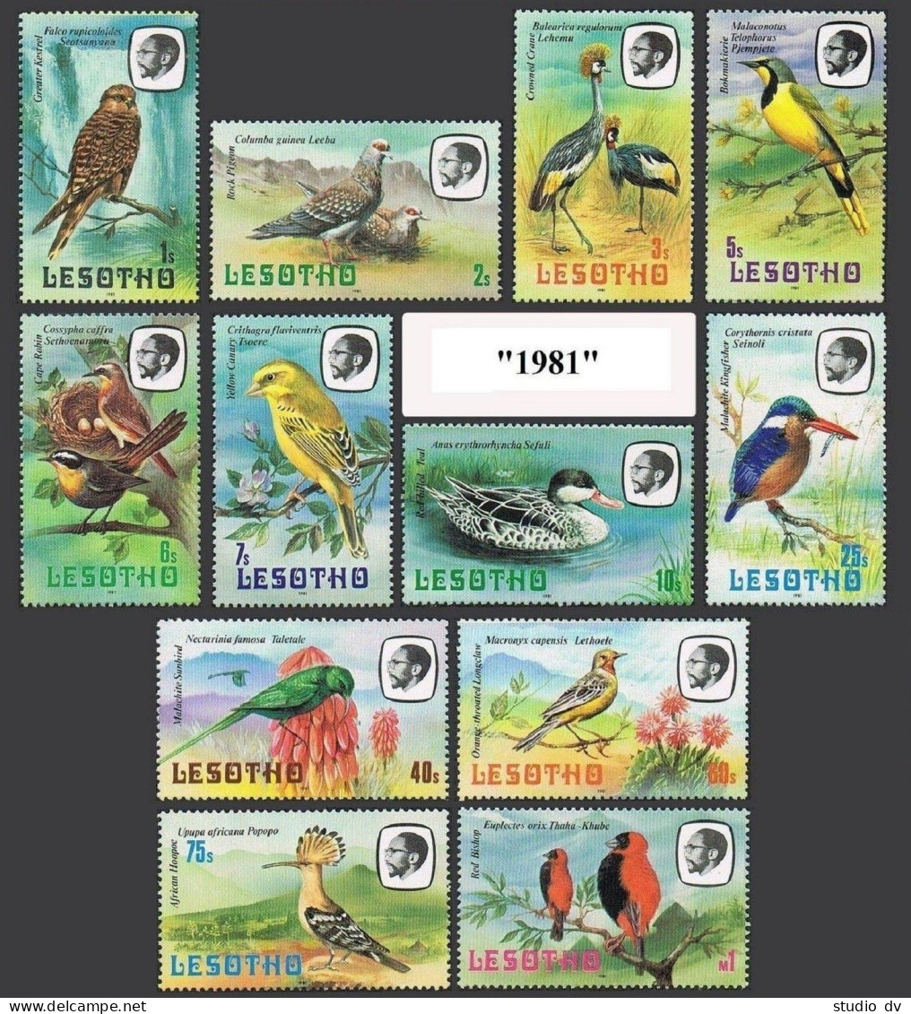 Lesotho 321-332 Inscribed 1981, MNH. Mi 330X-341X. Birds. Kestrel, Pigeons,Crane - Lesotho (1966-...)