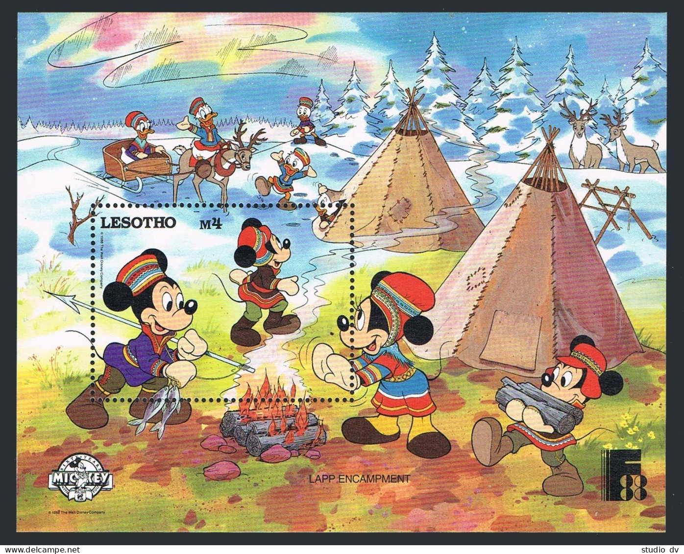 Lesotho 649,MNH.Mi Bl.49. FINLAND-1988,Walt Disney,Mickey Mouse.Lapp Encampment. - Lesotho (1966-...)