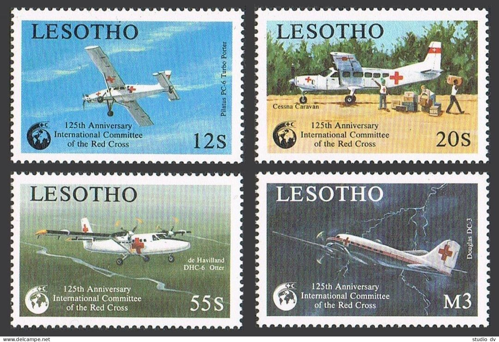 Lesotho 695-698,699,MNH.Michel 752-755,Bl.59.Red Cross 125,1989.Ambulance Planes - Lesotho (1966-...)