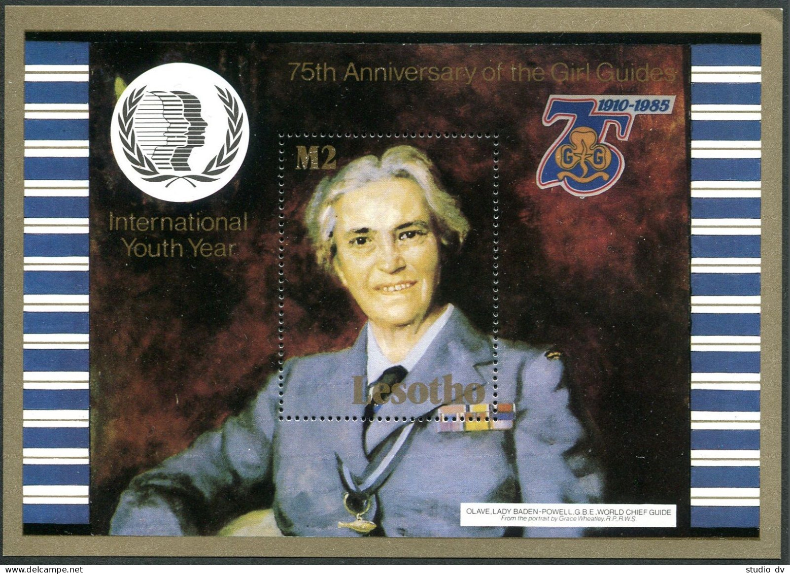 Lesotho 491, MNH. Michel 535 Bl.27. Youth Year IYY-1985. Lady Baden-Powell. - Lesotho (1966-...)