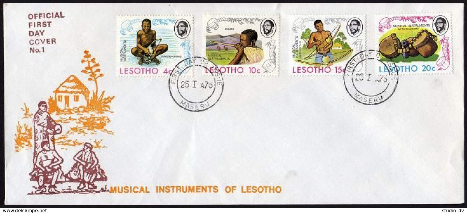 Lesotho 174-177 FDC.Michel 174-177. Musical Instruments 1975,Animals. - Lesotho (1966-...)