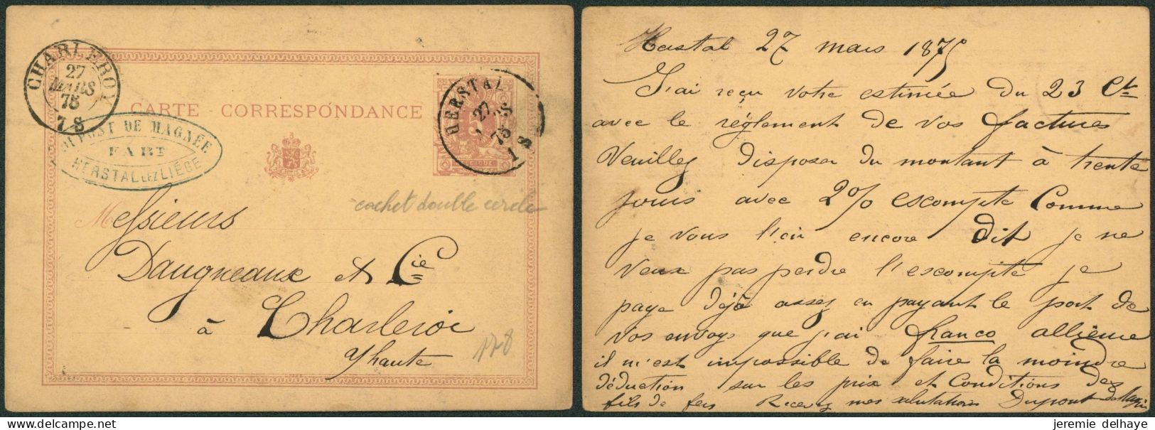 EP Au Type 5ctm Mauve Obl Double Cercle "Herstal" > Charleroi - Cartes Postales 1871-1909