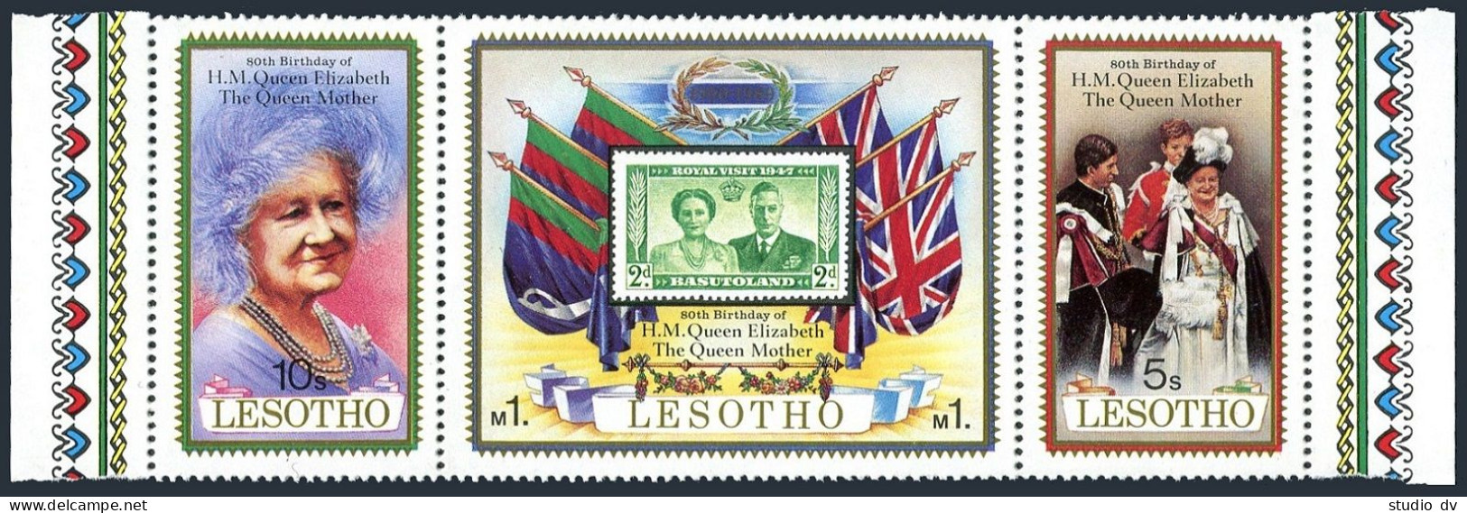 Lesotho 313 Strip, MNH. Michel 316-318. Queen Mother Elizabeth-80, 1980. - Lesotho (1966-...)