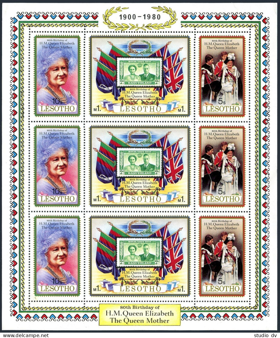 Lesotho 313 Sheet,MNH.Michel 316-318 Klb. Queen Mother Elizabeth-80,1980.Flags. - Lesotho (1966-...)