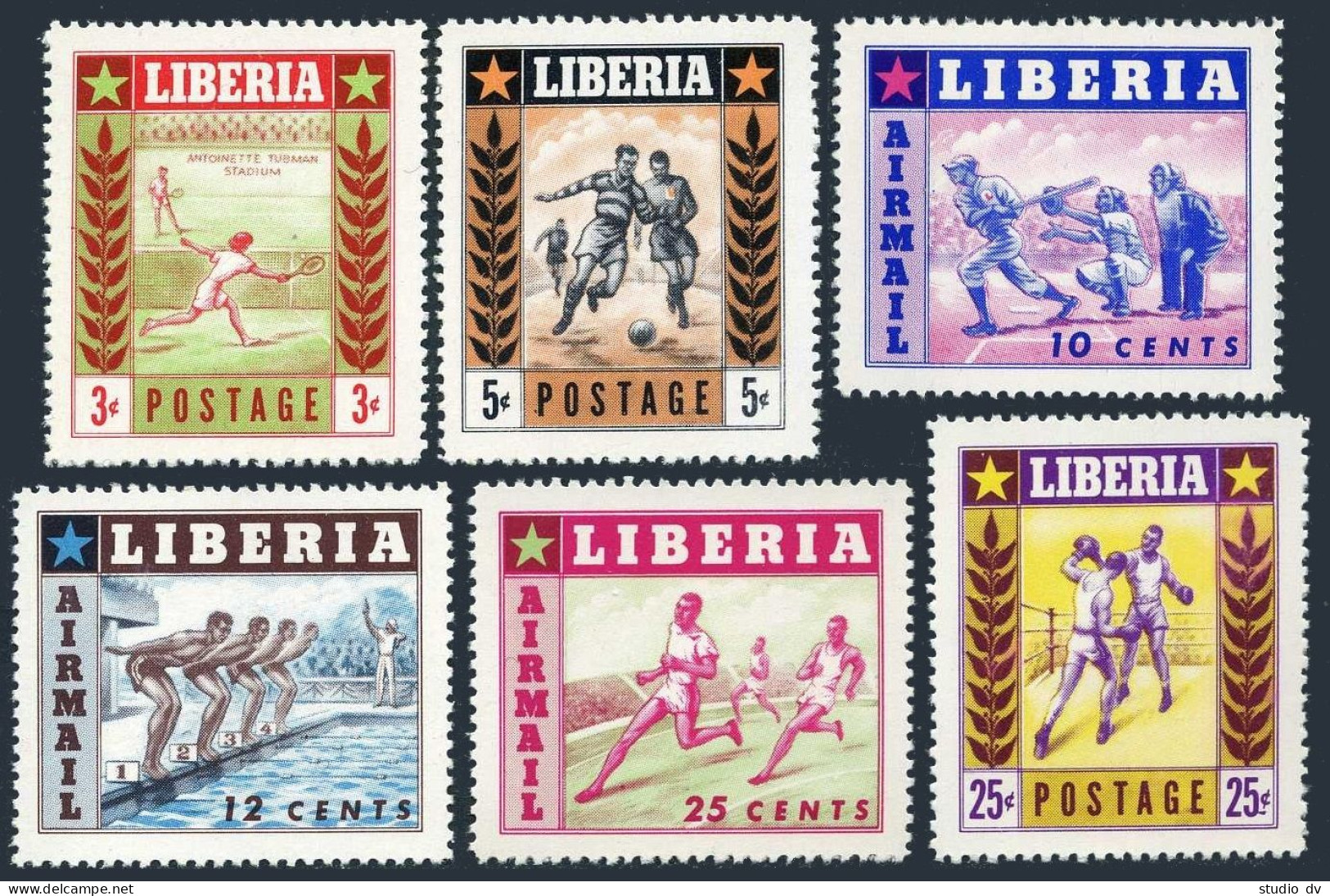 Liberia 347-349,C88-C90, Hinged. Mi 471-476. Sport 1955. Tennis, Soccer, Boxing, - Liberia