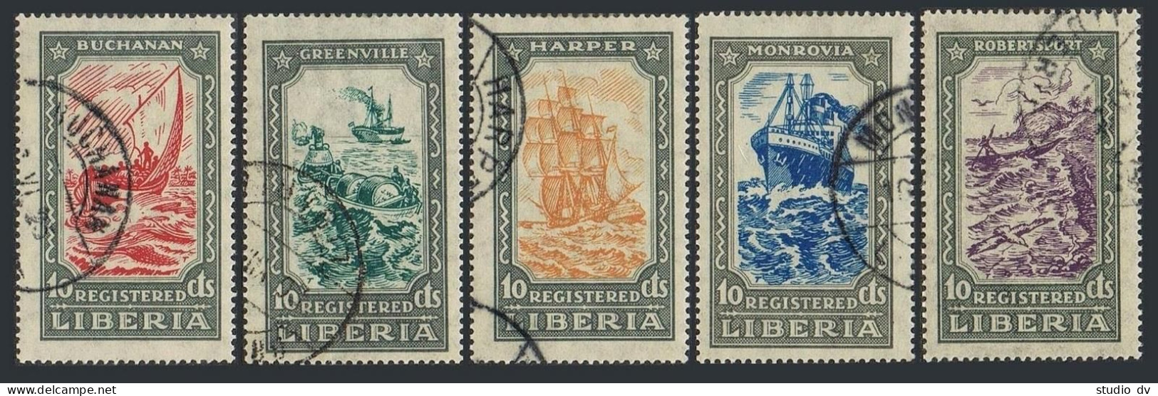 Liberia F30-F34, Hinged. Michel 246-250. Registration Stamps 1924. Ships, Bird. - Liberia