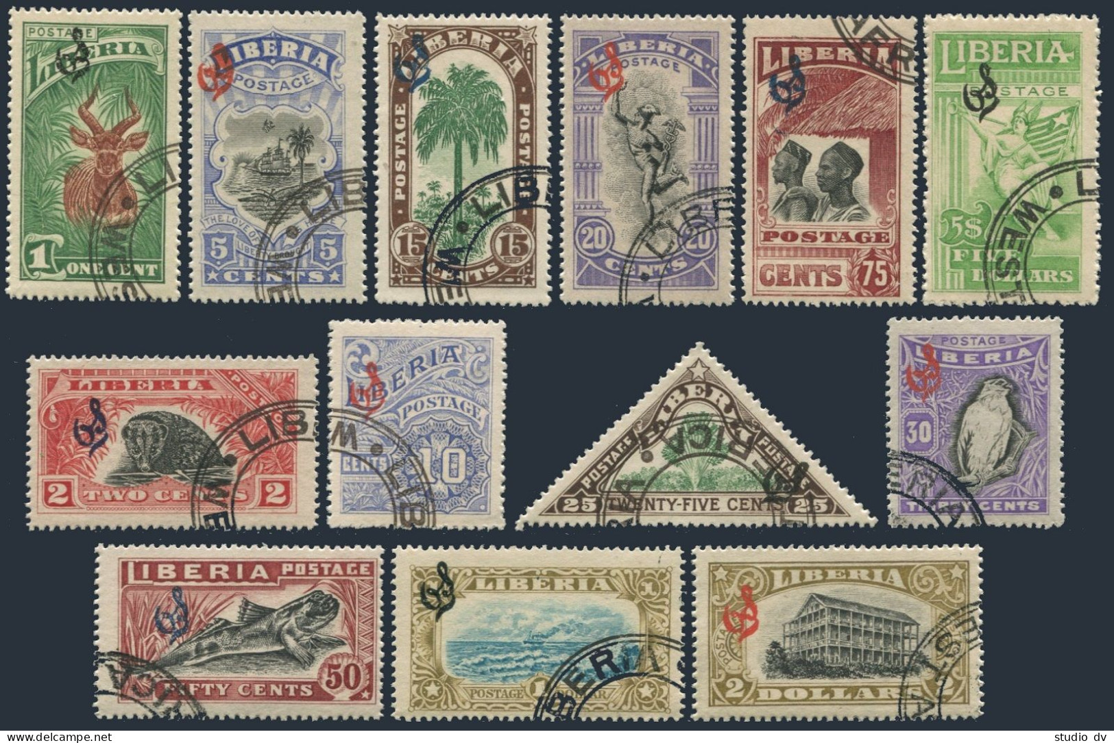 Liberia O98-O110,CTO.Mi D92-D104. Antelope,Palm Civet,Vulture,Fish,Mercury,1918. - Liberia