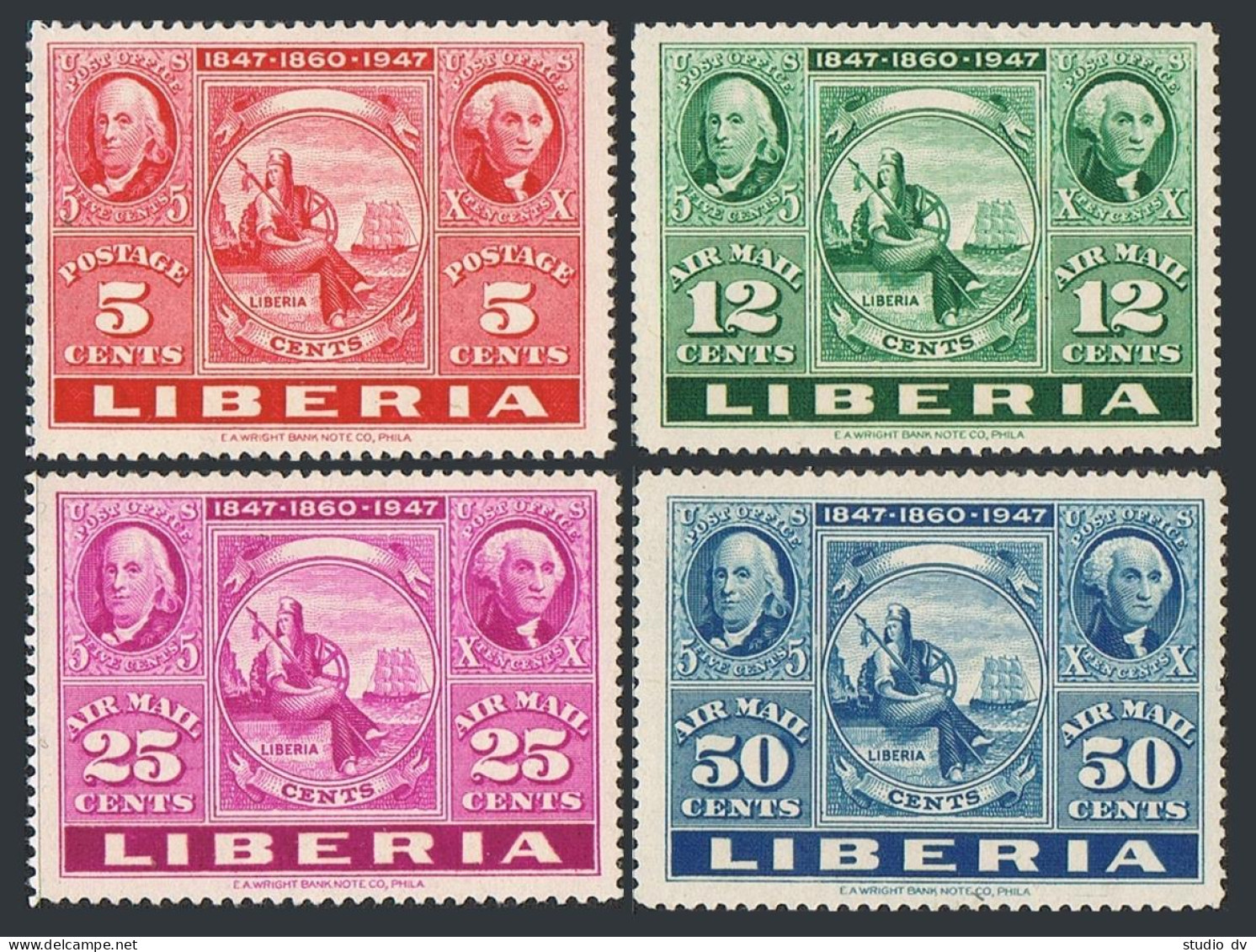 Liberia 300,C54-C56,hinged.Mi 387-390. US Postage Stamps-100,Liberian-87,1947. - Liberia