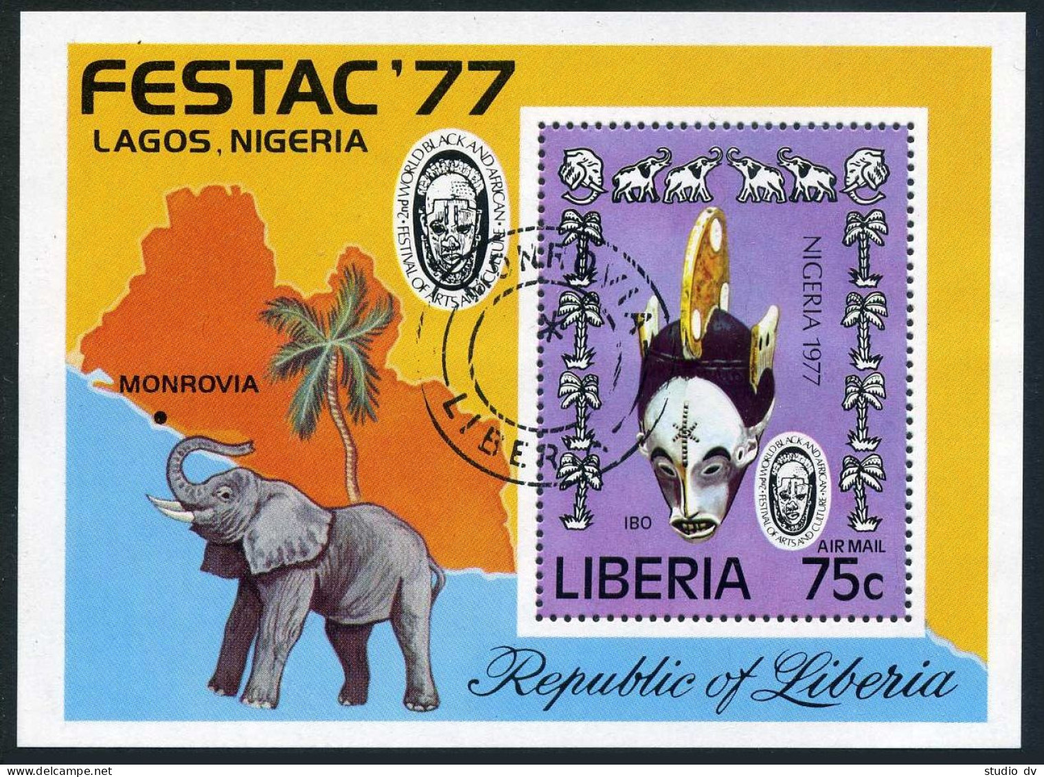 Liberia C215,CTO.Michel Bl.84. FESTAC-1977.Mask,Elephant,Map. - Liberia