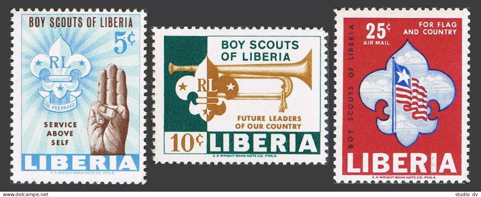 Liberia 421-422, C164, MNH. Mi 627-629. Boy Scouts 1965. Scout Sign, Bugle, Flag - Liberia