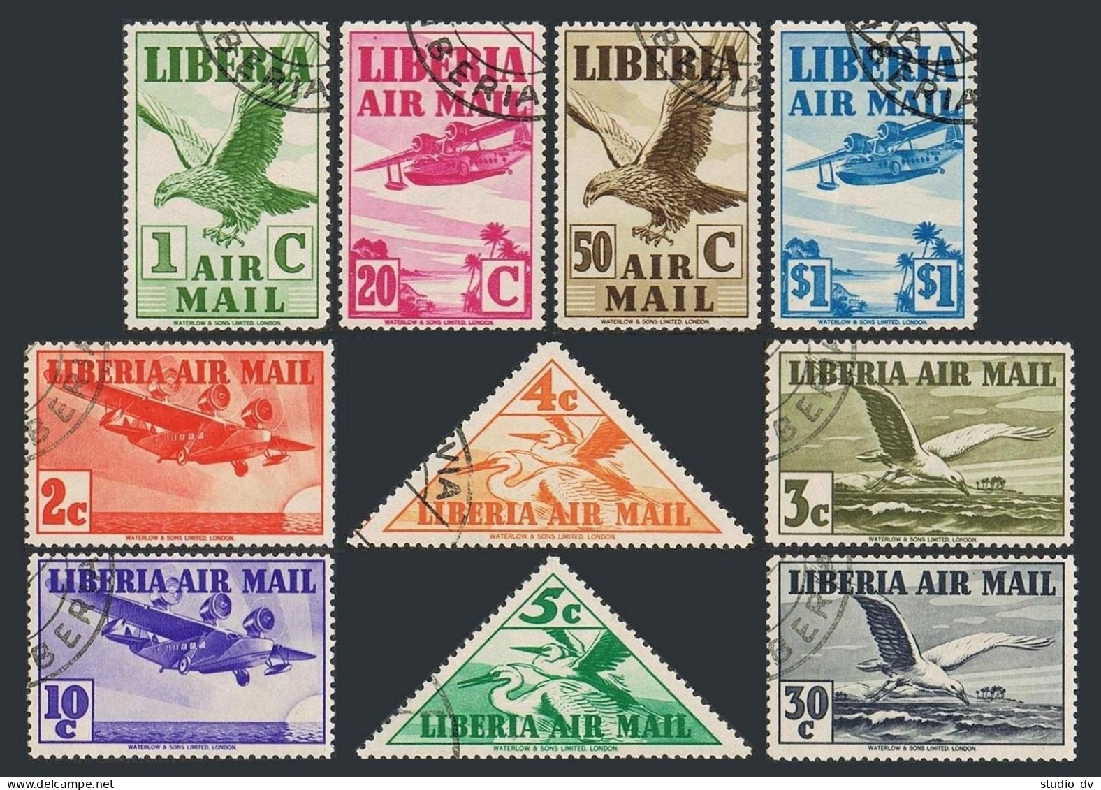 Liberia C4-C13, CTO. Michel 298-307. Airmail 1938. Eagle, Egrets, Planes. - Liberia
