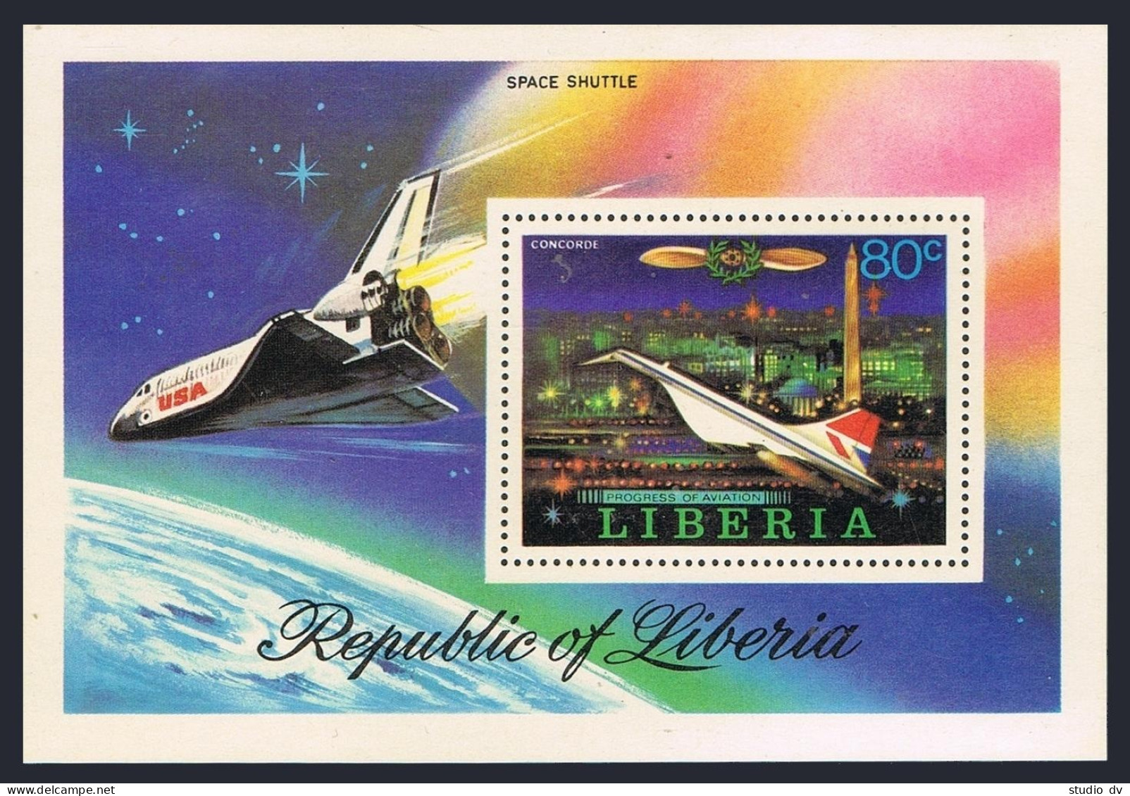 Liberia 800, MNH. Mi Bl.88. Progress Of Aviation, 1978. Concorde, Space Shuttle. - Liberia