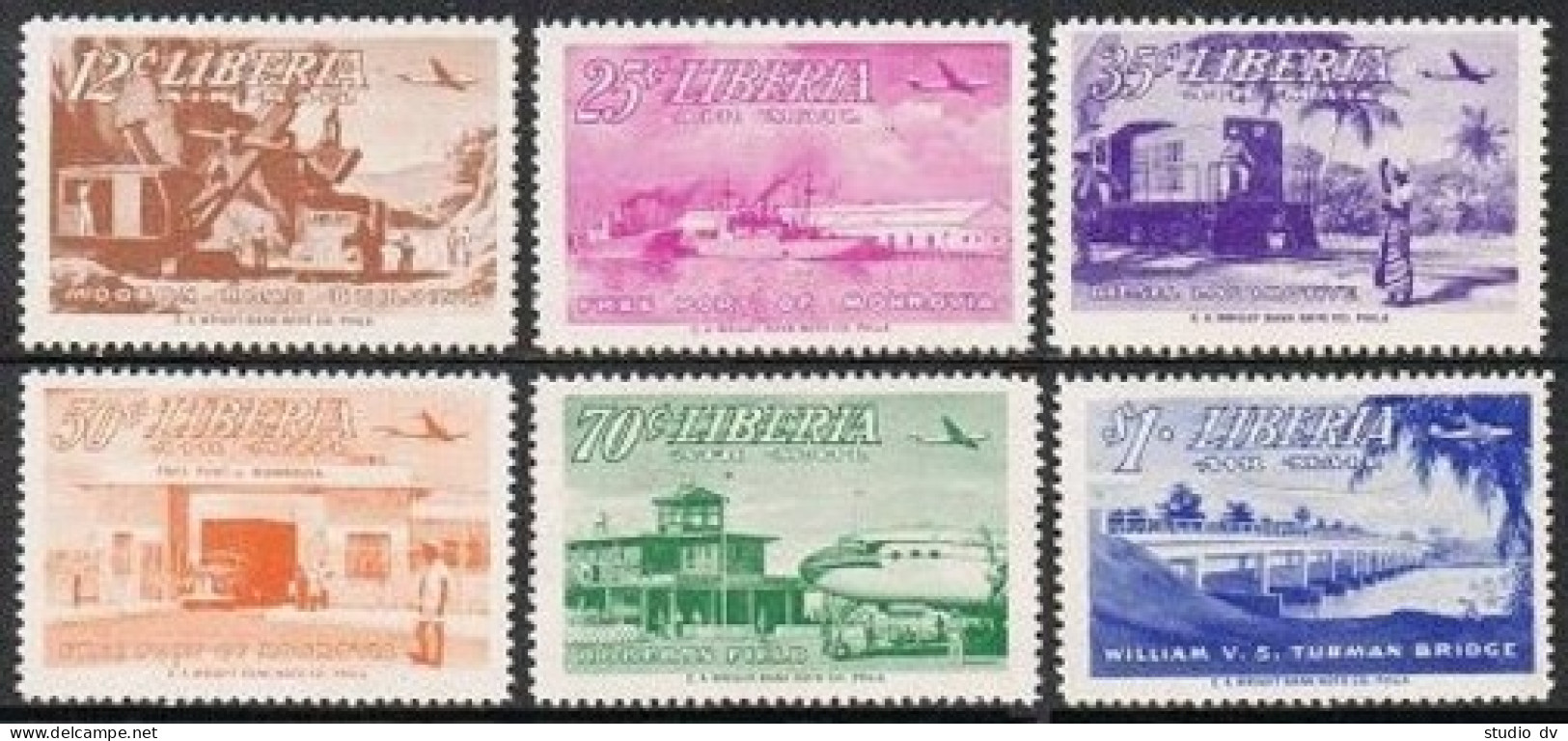 Liberia C71-C76,MNH. Mi 444-449. Air Post 1953. Road Building, Ships, Locomotive - Liberia