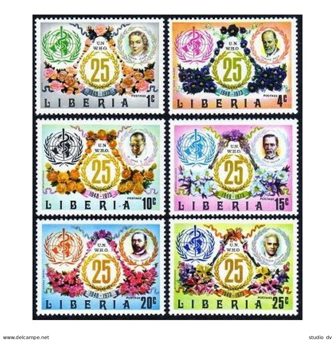 Liberia 641-646,MNH.Michel 882-887. WHO-25,1973.Famous Doctors,Flowers. - Liberia