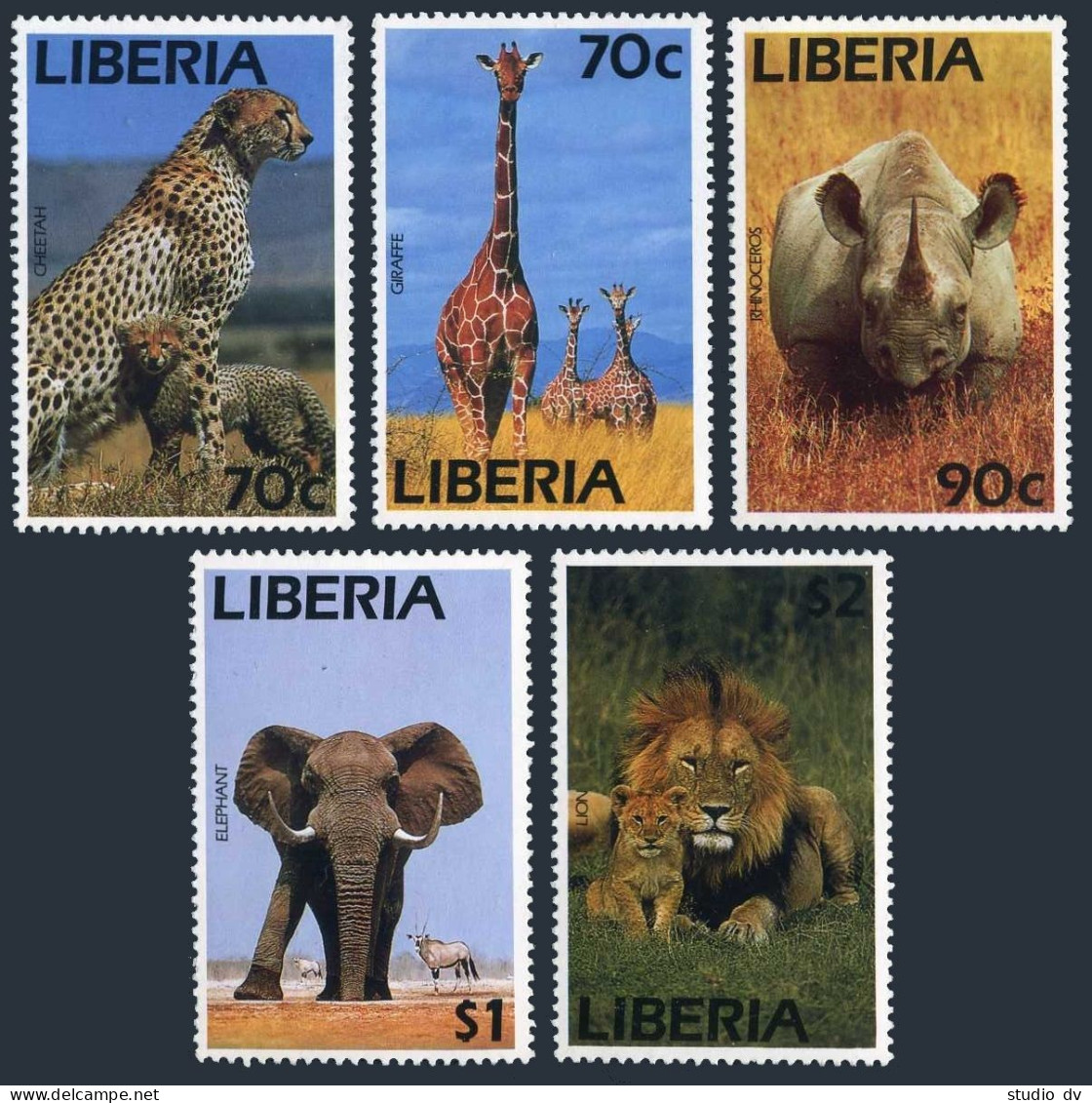 Liberia 1180-1184,MNH.Mi 1624-1628. Cheetah,Giraffe,Rhinoceros,Elephant,Lion.  - Liberia