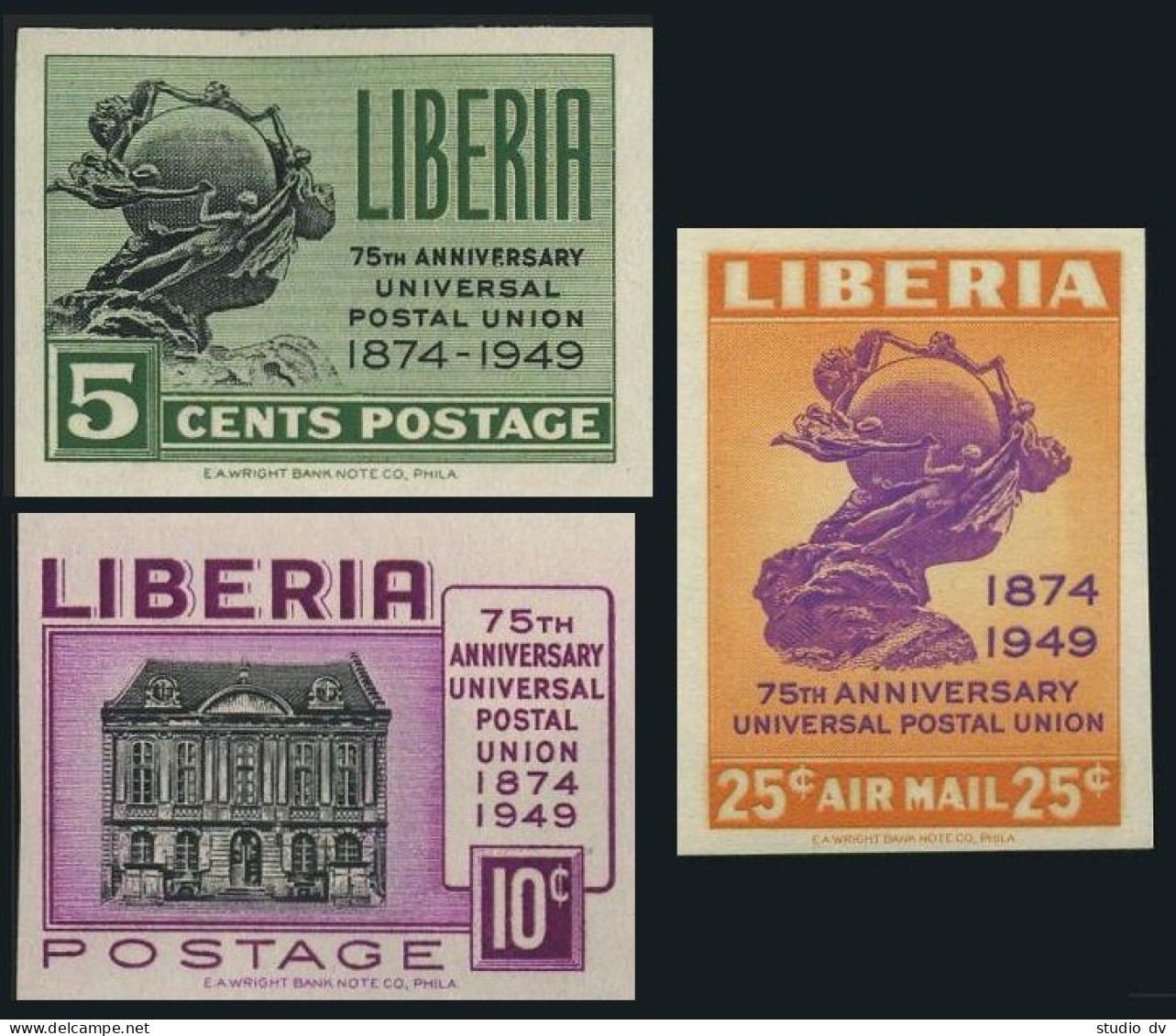 Liberia 330-331,C67 Imperf,MNH.Mi 429-431B. UPU-75,1949.Monument,Headquarters. - Liberia