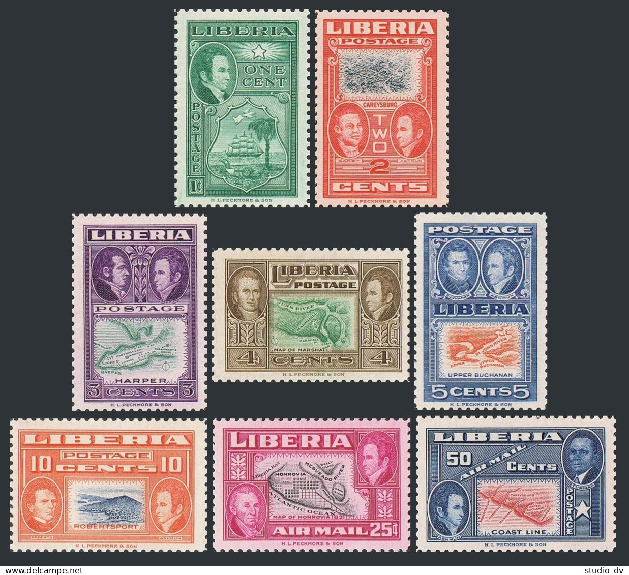Liberia 332-337, C68-C69, MNH. Jehudi Ashmun,John Marshall,other Founders, 1952. - Liberia