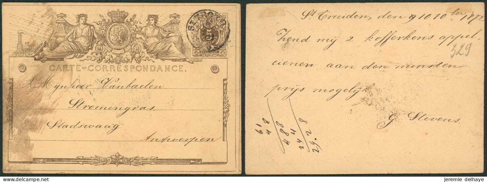 EP Au Type 5ctm Gris (SBEP N°1A) Obl Double Cercle "St-trond" > Antwerpen. Rare - Cartes Postales 1871-1909
