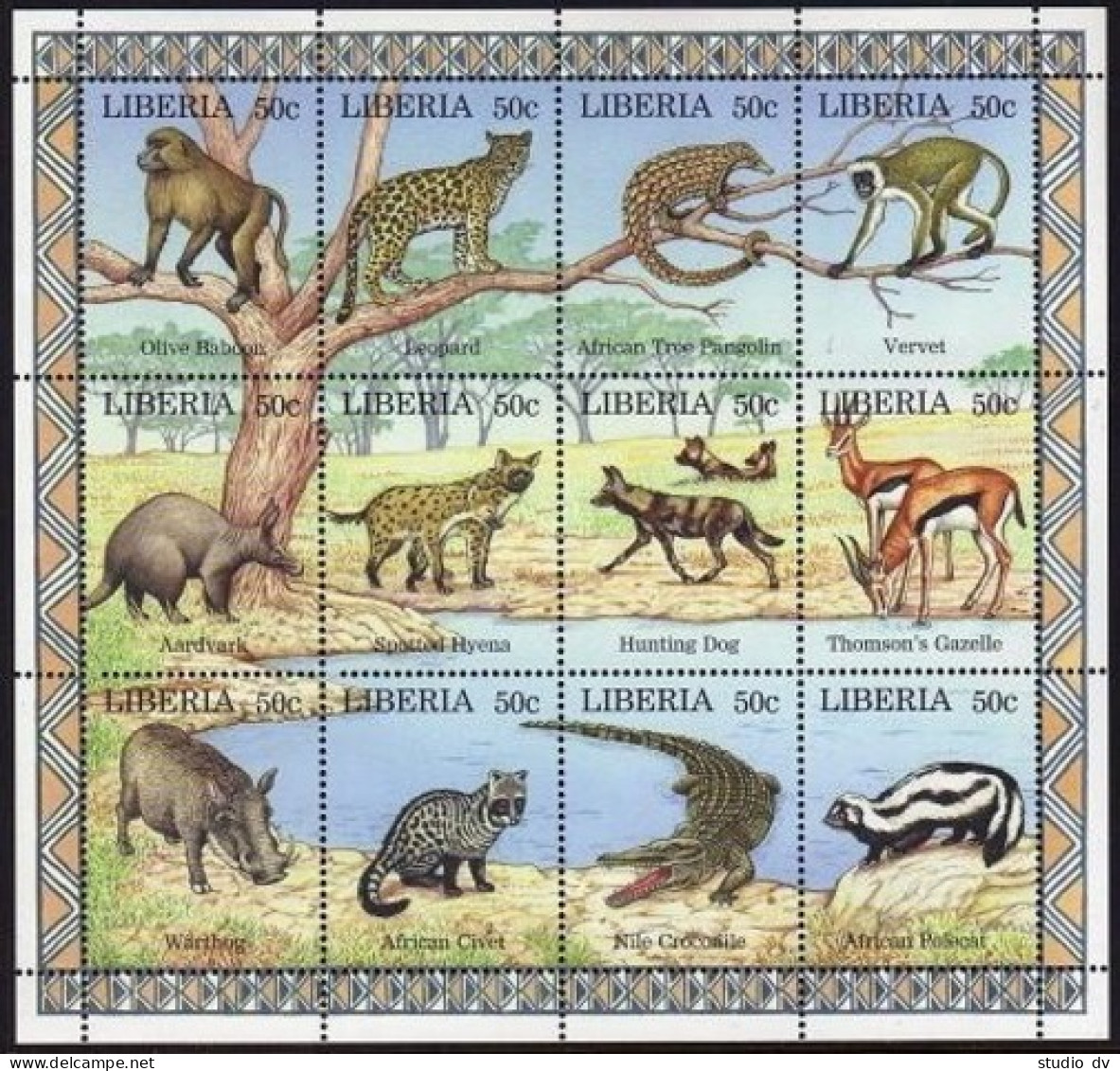 Liberia 1240 Ai,MNH. Wildlife 1997.Olive Baboon,Leopard,Pangolin,Hyena,Crocodile - Liberia