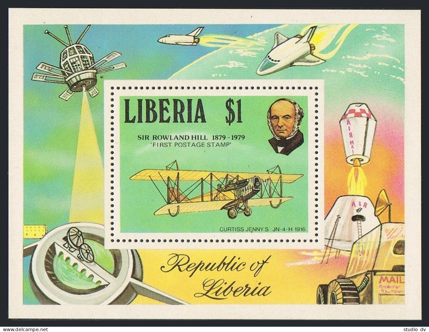 Liberia 848 Sheet, MNH. Mi 1104 Bl.93. Sir Rowland Hill, 1979. Curtiss Jenny. - Liberia