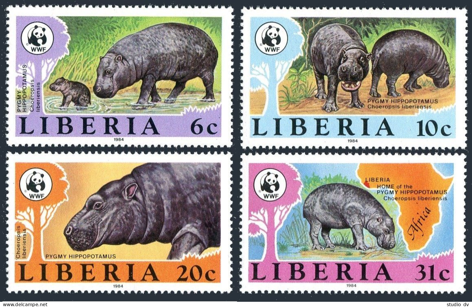 Liberia 1009-1012, MNH. Michel 1315-1318. WWF 1984. Pygmy Hippopotamus, Map. - Liberia