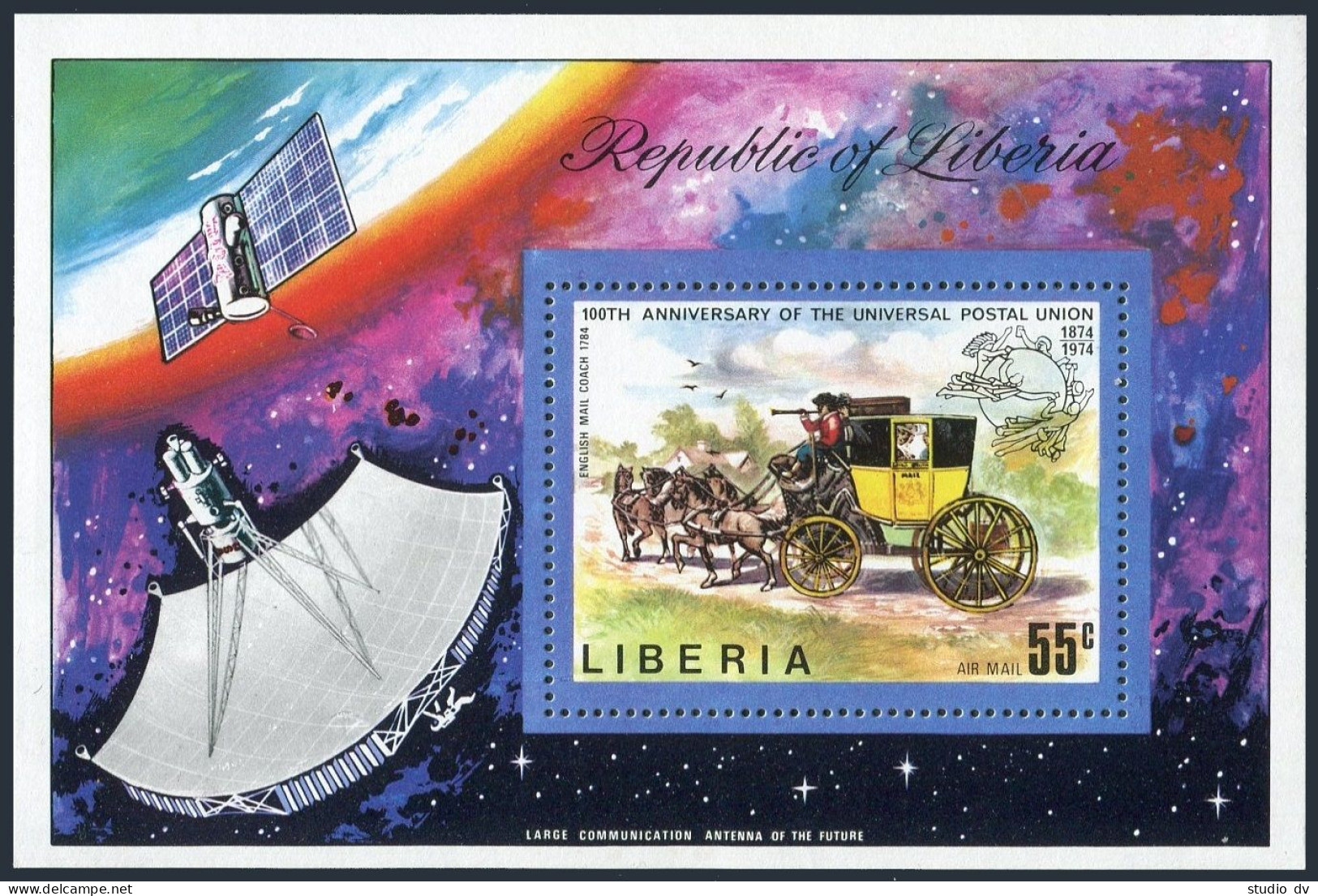 Liberia C201,MNH.Michel 913 Bl.70. UPU-100,1974.Horse-drawn Coach.Space. - Liberia