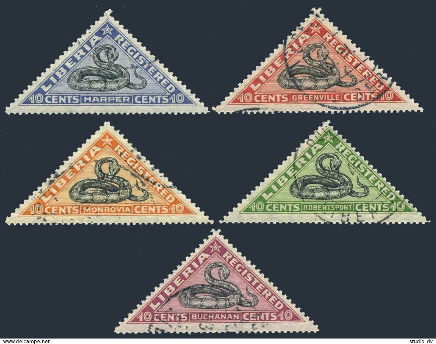 Liberia F20-F24,CTO.Michel 203-207. Registration Stamps,1921.Gabon Viper. - Liberia