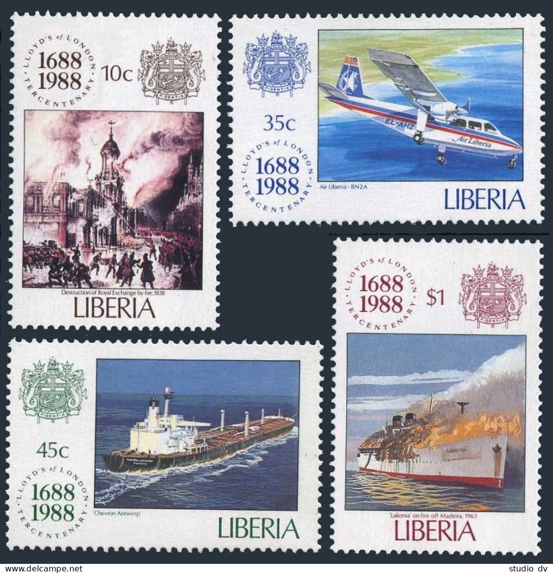 Liberia 1101-1104,MNH.Michel 1435-1438. Lloyd's Of London,300th Ann.1988. - Liberia