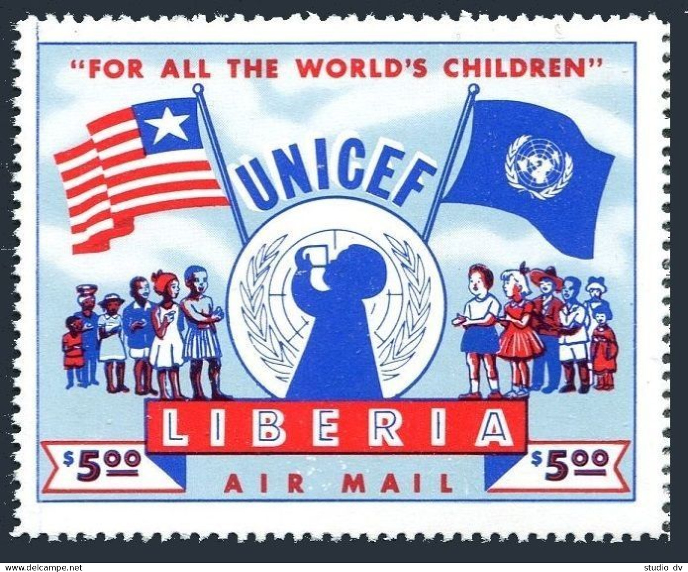 Liberia C77, MNH. Michel 460. UNICEF 1954. Flags, Emblem, Children. - Liberia