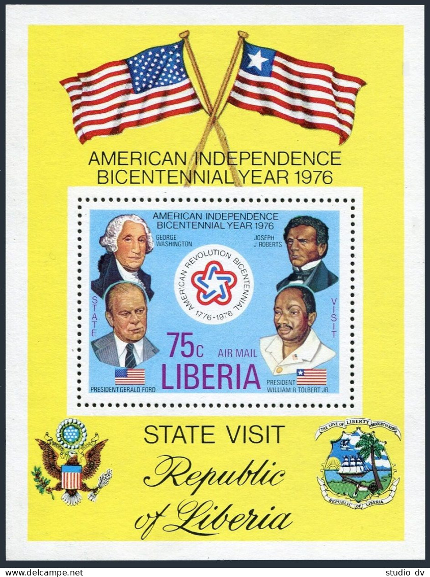 Liberia C214, MNH. Michel Bl.83. USA-200, 1976. Presidents, Flags, Arms. - Liberia