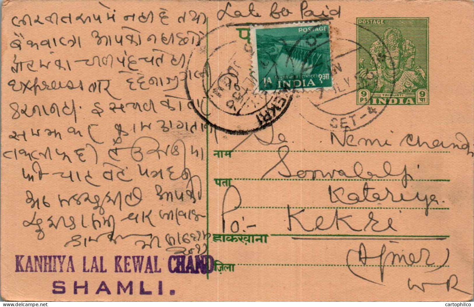 India Postal Stationery Goddess 9p To Kekri - Postcards