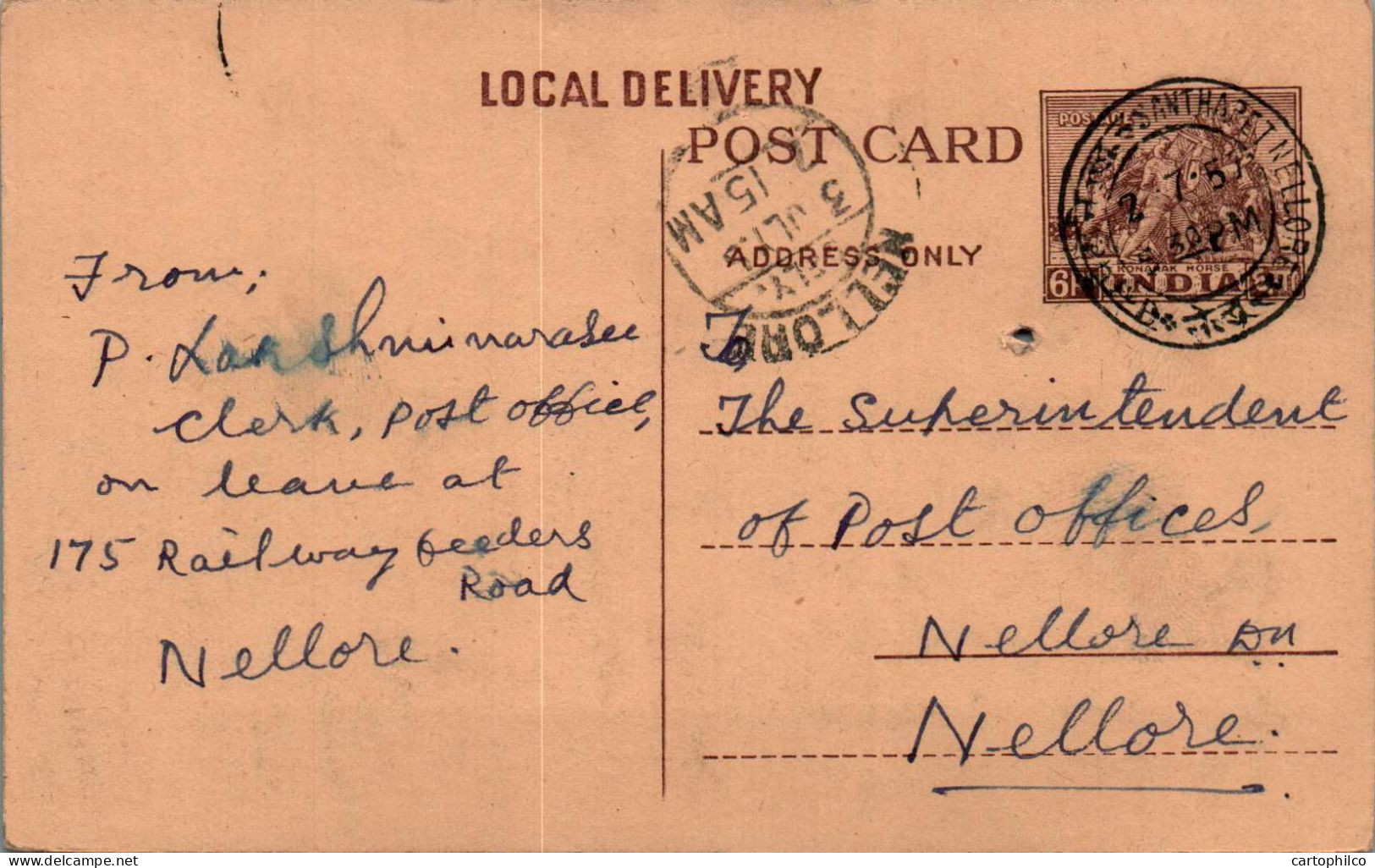 India Postal Stationery Horse 6p To Nellore - Cartes Postales