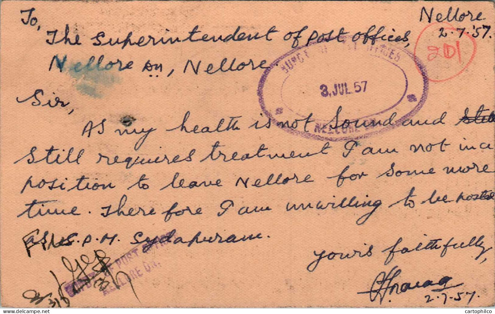 India Postal Stationery Horse 6p To Nellore - Cartes Postales